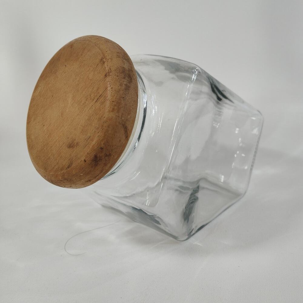 VINTAGE TILTED GLASS CANISTER/COOKIE JAR w/SOLID WOOD‎ Lid